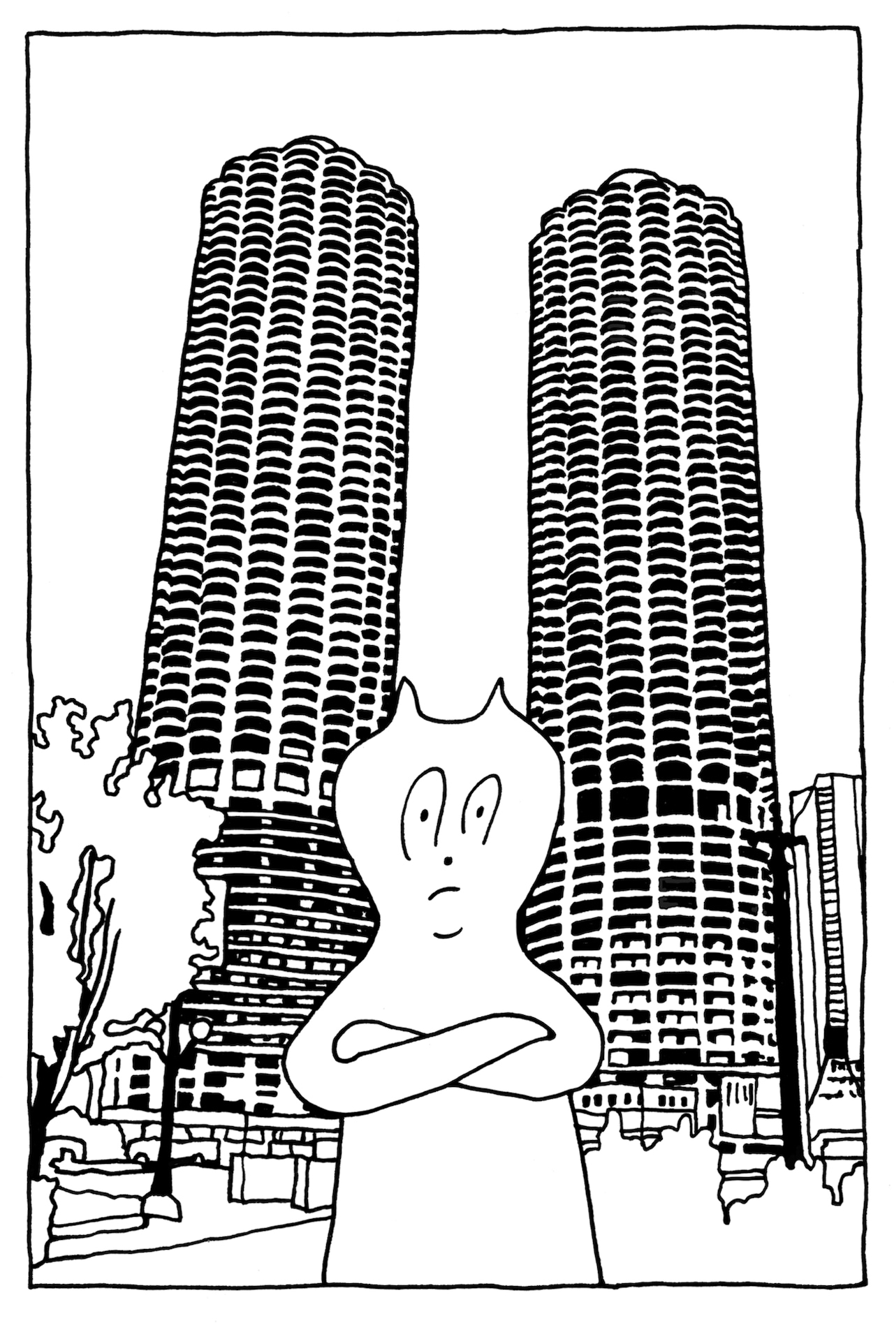 坂本がポストカード用に描き下ろしたシカゴのマリーナシティのイラスト。