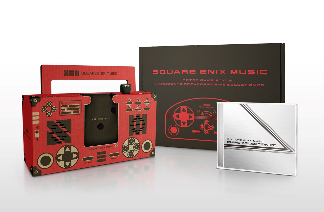 V.A.「SQUARE ENIX MUSIC RETRO GAME STYLE CARDBOARD SPEAKER & CHIPS SELECTION CD」に封入されるCDとダンボールスピーカー。