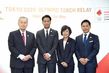 左から森喜朗東京2020組織委員会会長、EXILE HIRO、野口みずき、野村忠宏。