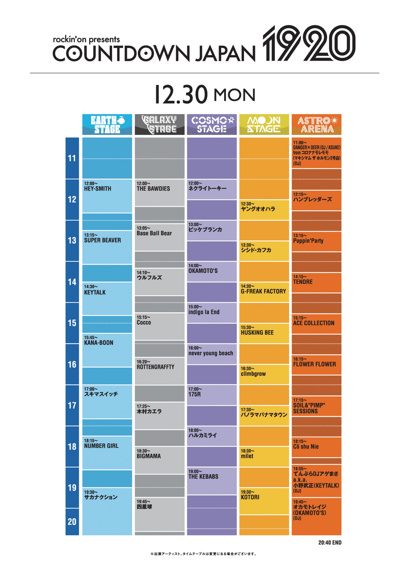 「COUNTDOWN JAPAN 19/20」12月30日タイムテーブル