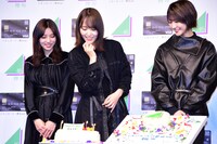 撮影スタンバイ中に自分に贈られたケーキを覗き込む菅井友香（中央）。