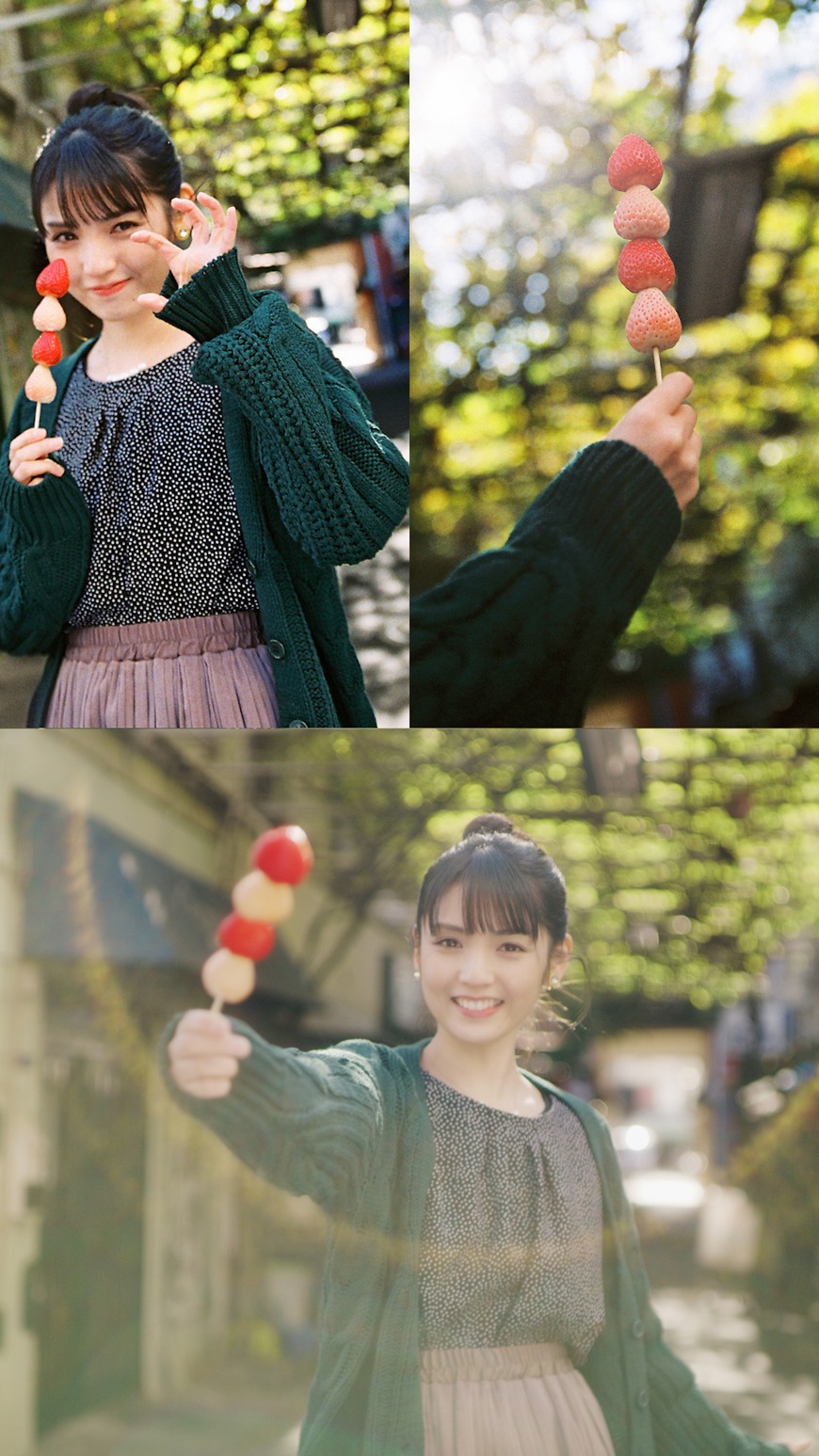 イチゴ串を手にする道重さゆみ。