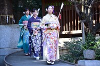 東京・乃木神社の本殿から登場する乃木坂46の新成人メンバー。