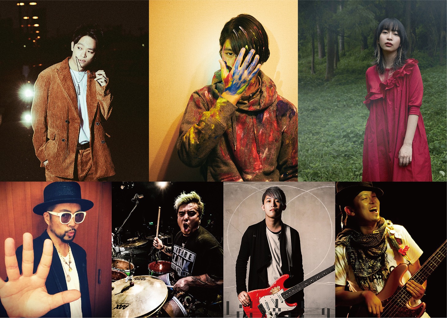 「Billboard Live YOKOHAMA presents YGNT special collective Vol.0」出演者。左上から時計回りに山中拓也（THE ORAL CIGARETTES）、GOMESS、ヒグチアイ、鈴木渉、山岸竜之介（LIFE IS GROOVE）、DUTTCH（UZMK）、SWING-O。