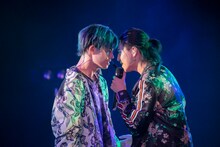 顔を寄せ合うカイとタカシ。（撮影：米山三郎）