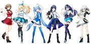 左からMEIKO、ミライアカリ、初音ミク、星乃一歌、富士葵、YuNi。