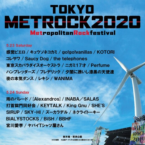 「METROPOLITAN ROCK FESTIVAL 2020」東京公演の出演アーティスト。