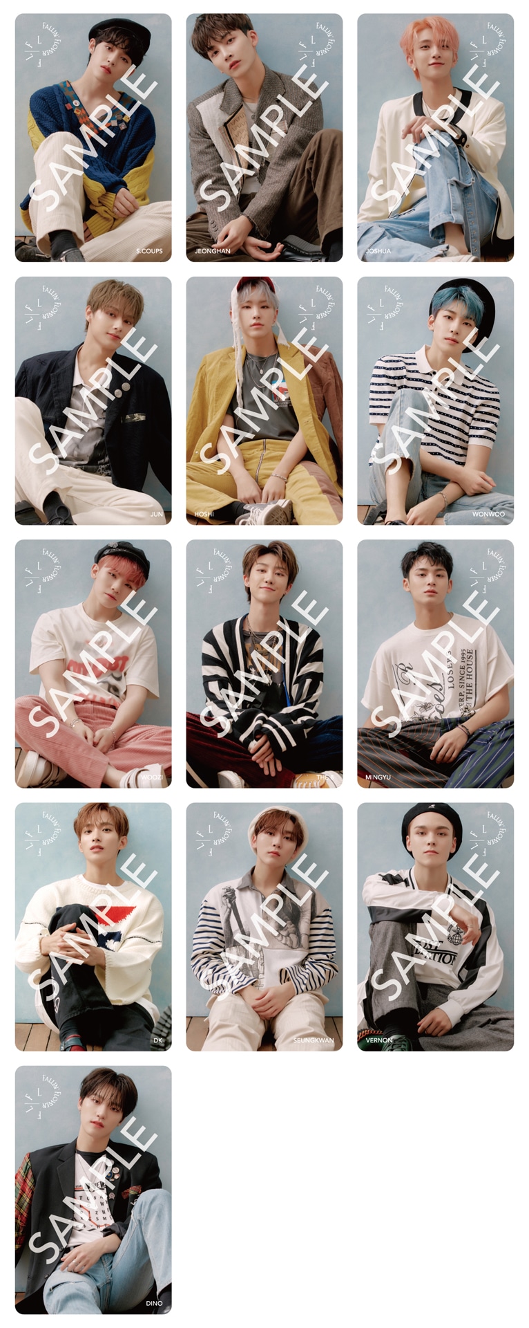 SEVENTEEN「舞い落ちる花びら（Fallin' Flower）」TSUTAYA特典ICカードステッカーのサンプル画像。