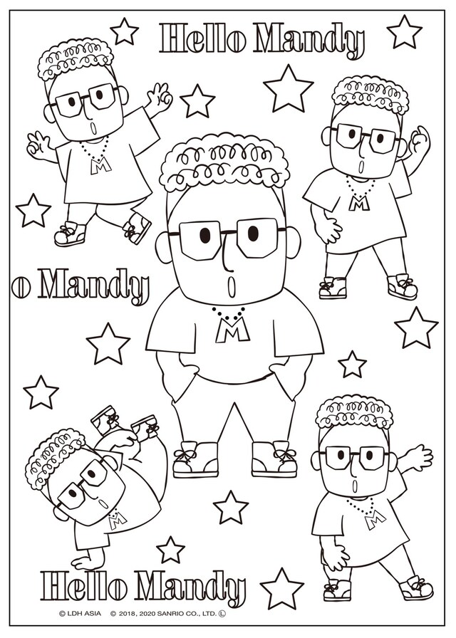 「ハローメンディー」のぬり絵素材 (c)LDH ASIA (c)2018, 2020 SANRIO CO., LTD.