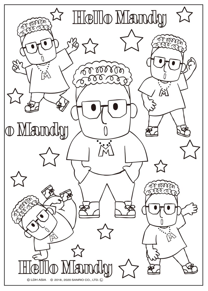 「ハローメンディー」のぬり絵素材 (c)LDH ASIA (c)2018, 2020 SANRIO CO., LTD.