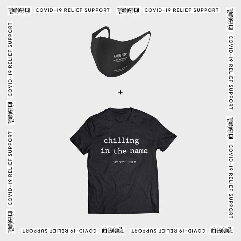 YOSHIが制作したチャリティTシャツとマスク。