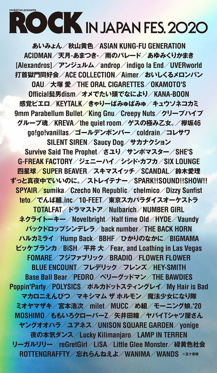 人気画像6位は「開催中止の『ROCK IN JAPAN FESTIVAL』、出演予定だったアーティスト134組を発表」より、「ROCK IN JAPAN FESTIVAL 2020」出演者一覧。