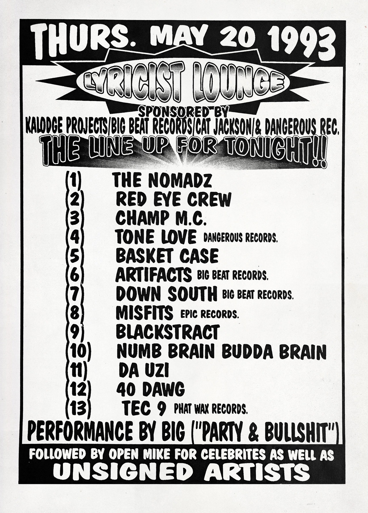 「LYRICIST LOUNGE」のフライヤー。El Da Senseiを擁するARTIFACTSの名前も見える。TEC9はTEC9INEなのか確認できず。（提供：TSUNE[NOZLE GRAPHICS, DEVASTATOR Ent., HUSTLERBOSE PRODUCTION]）