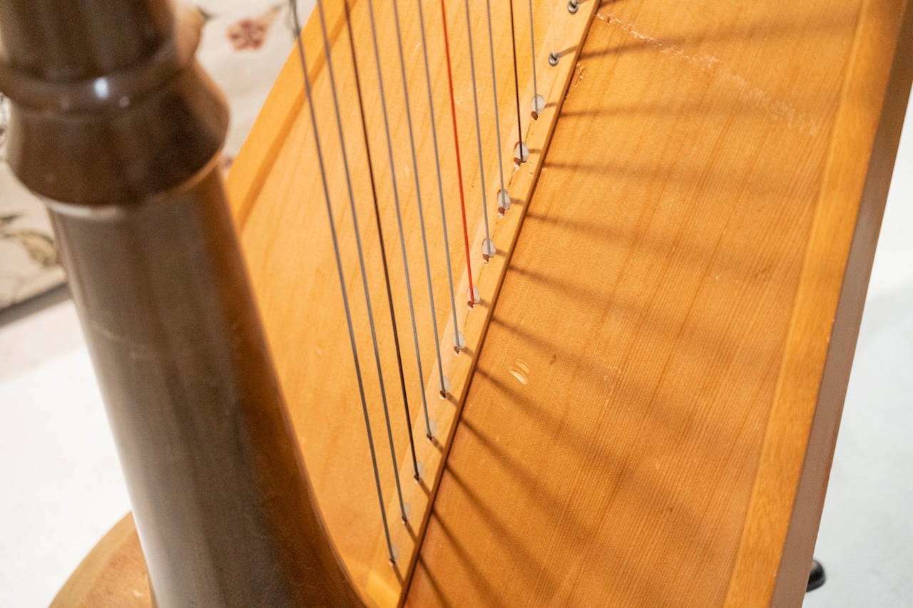 LYON & HEALY製ハープ。共鳴板にクラック（写真上部）が入っている。