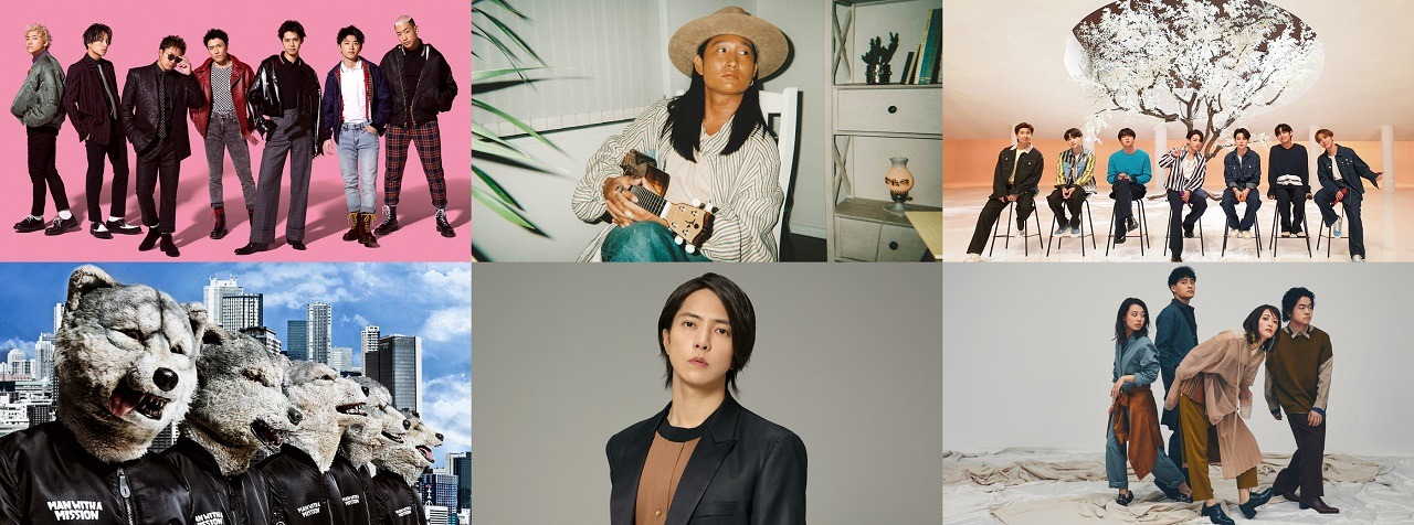 左上から時計回りにGENERATIONS from EXILE TRIBE、平井大、BTS、緑黄色社会、山下智久、MAN WITH A MISSION。