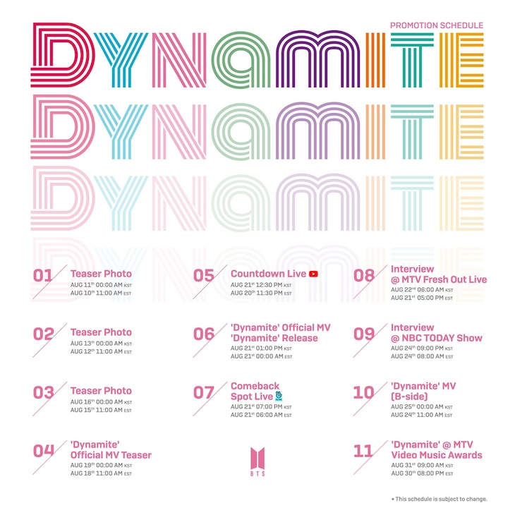 BTSがSNSを通じて発表した「Dynamite」プロモーションスケジュール。