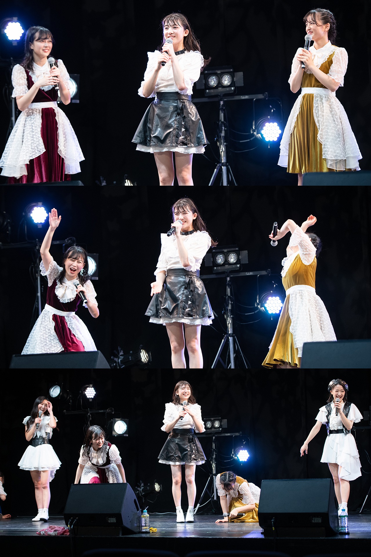 新井ひとみ（中央）のセリフのかわいさに膝から崩れ落ちる彩木咲良（左）と清井咲希（右）。