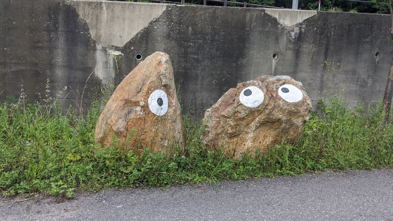 ゴンチャンがペイントされた岩。