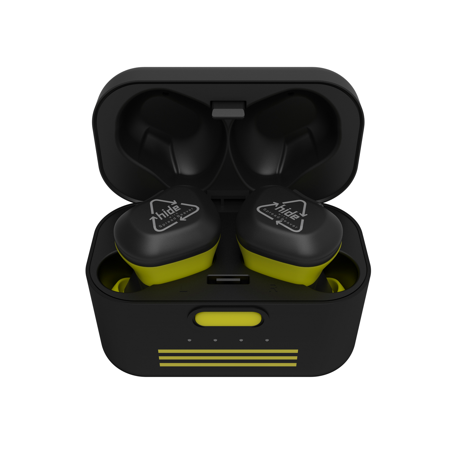 「hide TRUE WIRELESS STEREO EARPHONES」“rocket dive Type”イヤフォンと充電ケース。