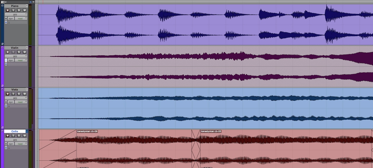 「哀しい予感」の編集画面。アタックが鋭いピアノよりも、立ち上がりがゆるやかなストリングスのスタート位置を前に設定。これにより同時に鳴っているように聞こえる。