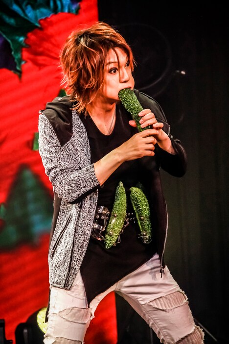 「『エアーツアー』〜気持ちは沖縄〜」より、生のゴーヤを丸かじりする喜矢武豊（G）。（撮影：菅沼剛弘）