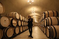 ワイナリーでXポーズを決めるYOSHIKI。