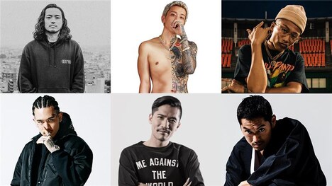 AK-69「Talk About AK-69:FADE TO RED」インタビューゲスト。左上から時計回りにR-指定、t-Ace、￥ellow Bucks、般若、Zeebra、YZERR（BAD HOP）。