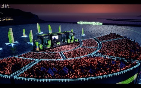 バーチャル江ノ電が上空を旋回する江ノ島ステージの様子。