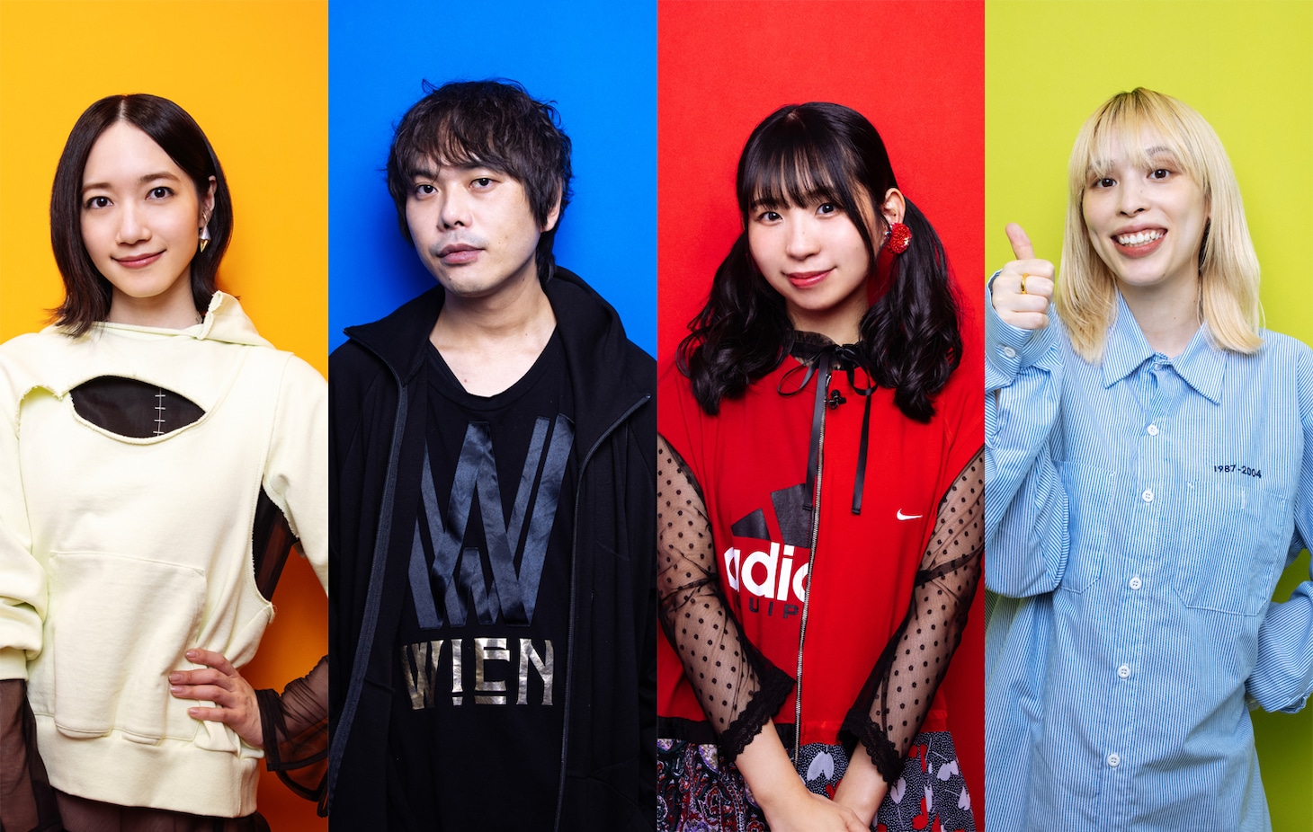 左からのっち（Perfume）、ピエール中野（凛として時雨）、古川未鈴（でんぱ組.inc）、Rachel（chelmico）。