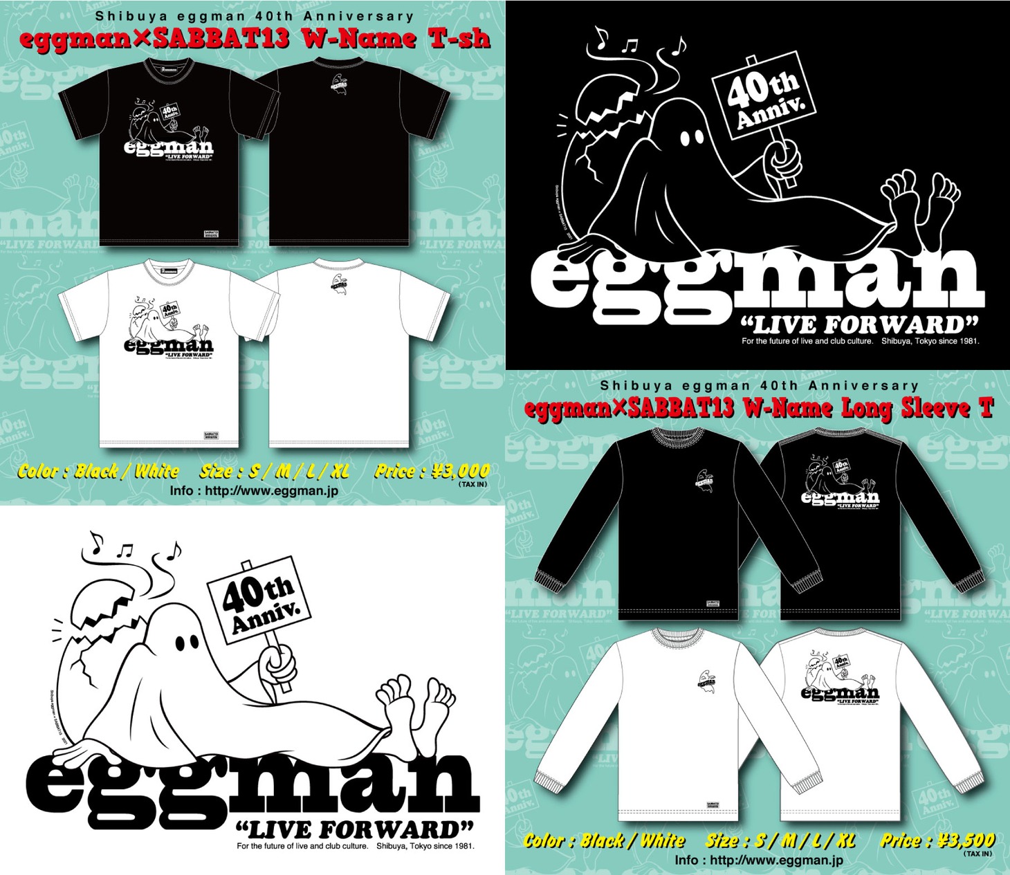 SABBAT13×shibuya eggman40周年ダブルネームのTシャツ、ロングスリーブTシャツのビジュアル。
