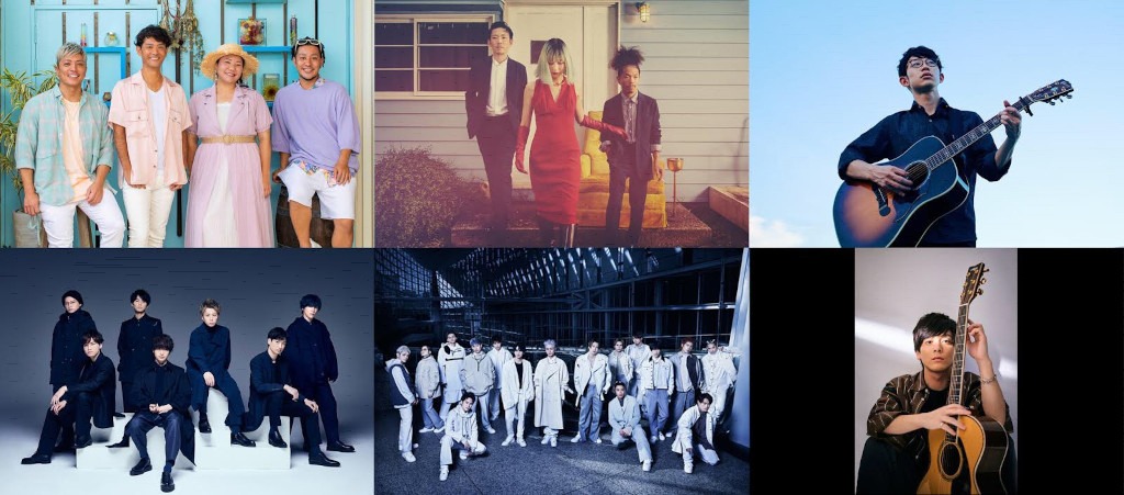 左上から時計回りにHY、Awesome City Club、川崎鷹也、優里、THE RAMPAGE from EXILE TRIBE、Kis-My-Ft2。 (c)TBS
