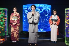 左から石田ニコル、尾上松也、百田夏菜子（ももいろクローバーZ）。