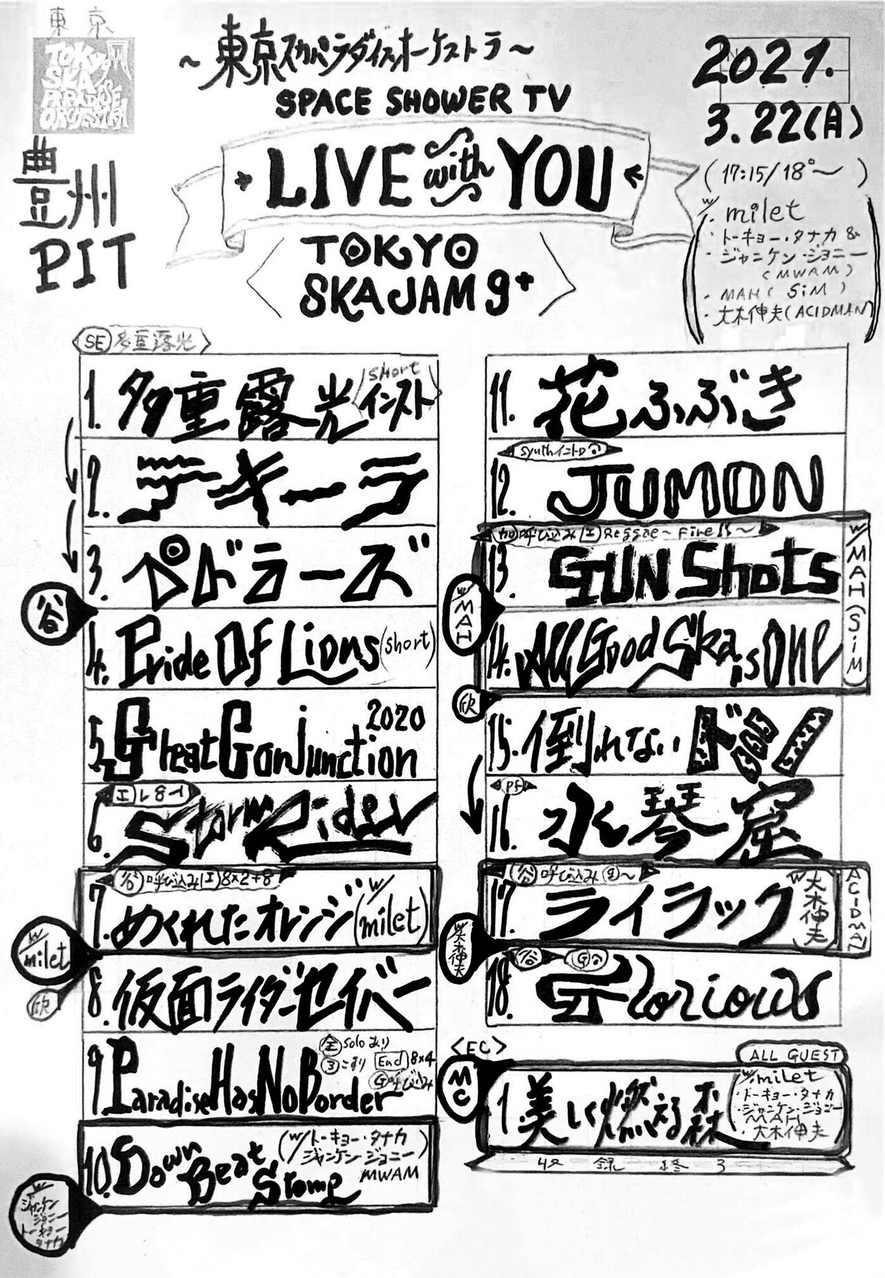 北原雅彦の手書きによるライブのセットリスト。 - スカパラ×milet