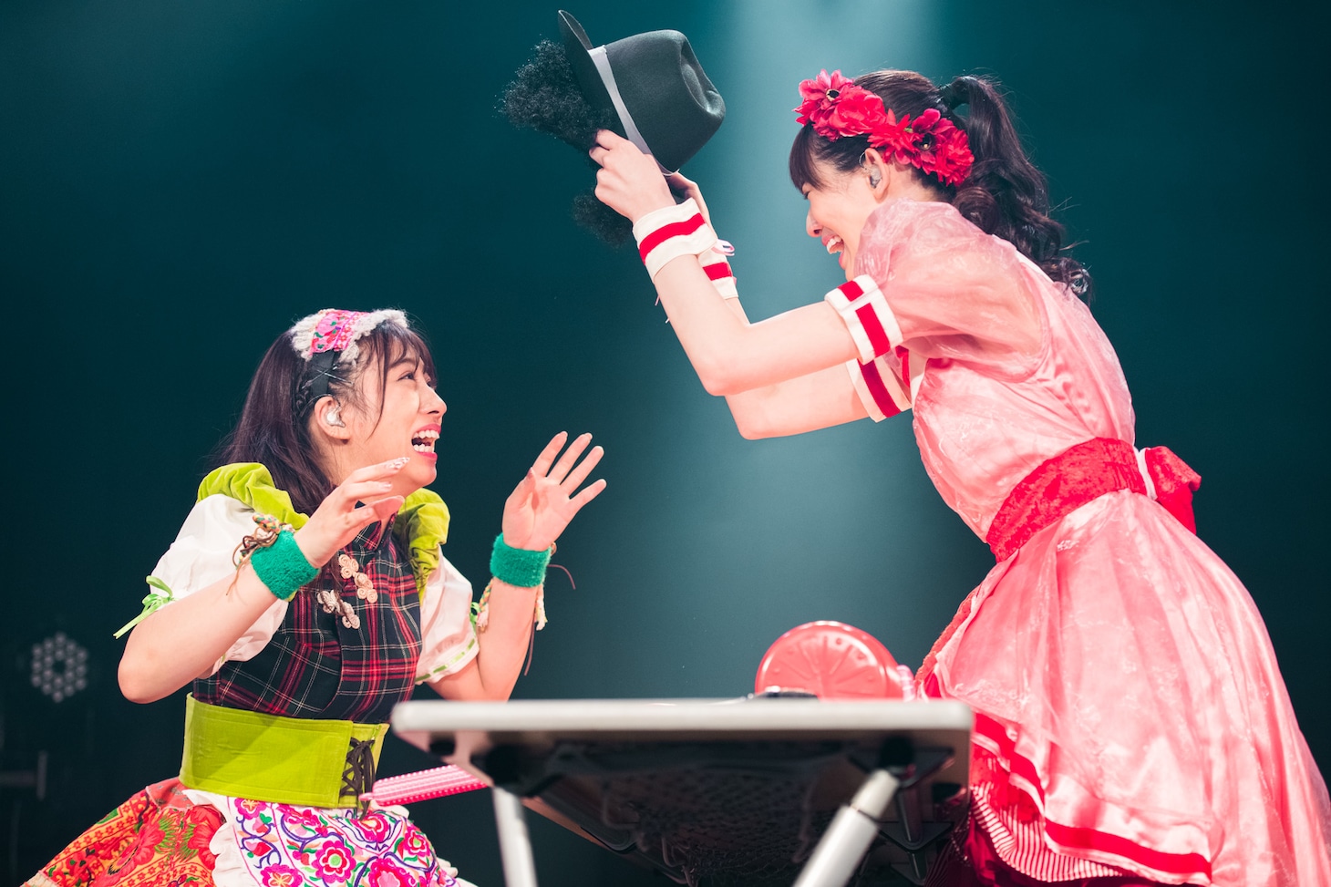 たたいてかぶってジャンケンポンをする坂本遥奈、秋本帆華。（撮影：曽我美芽）