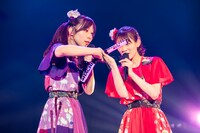 ペンライトの色を変えられず大黒柚姫に手伝ってもらう秋本帆華（右）。（撮影：曽我美芽）