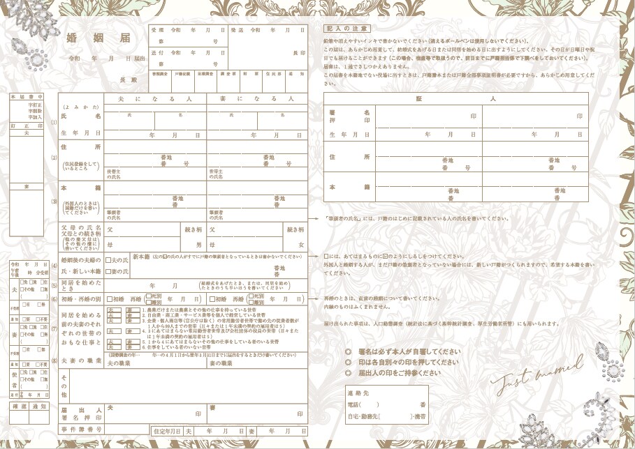 ゼクシィ」6月号付録の「清川あさみ Produceしあわせ彩る婚姻届」表面