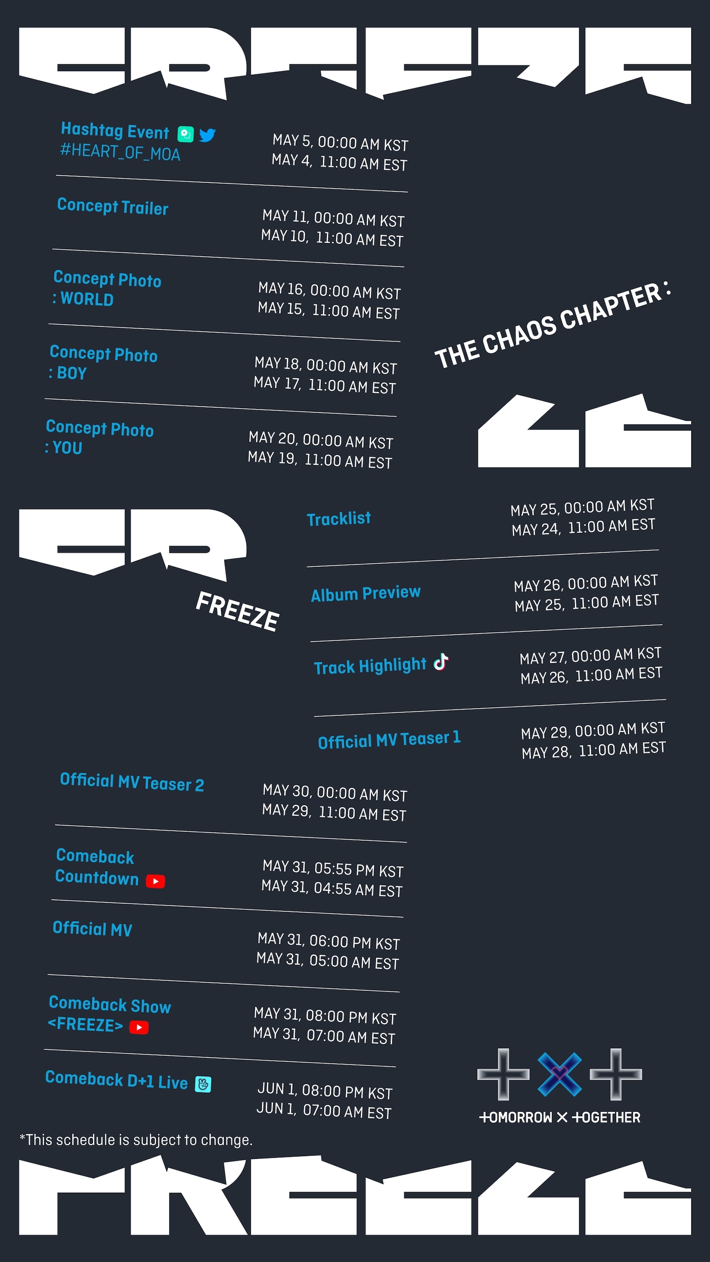 TOMORROW X TOGETHER「The Chaos Chapter: FREEZE」PROMOTION SCHEDULE。(c)BIGHIT MUSIC