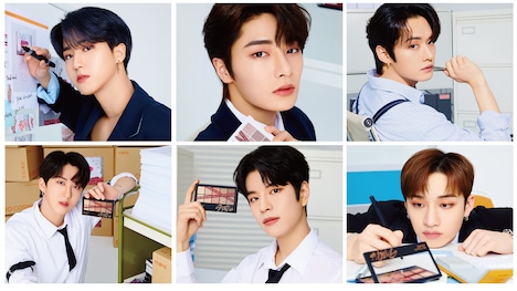 上段左からHAN、I.N、Lee Know、下段左からChangbin、Seungmin、Bang Chan 。