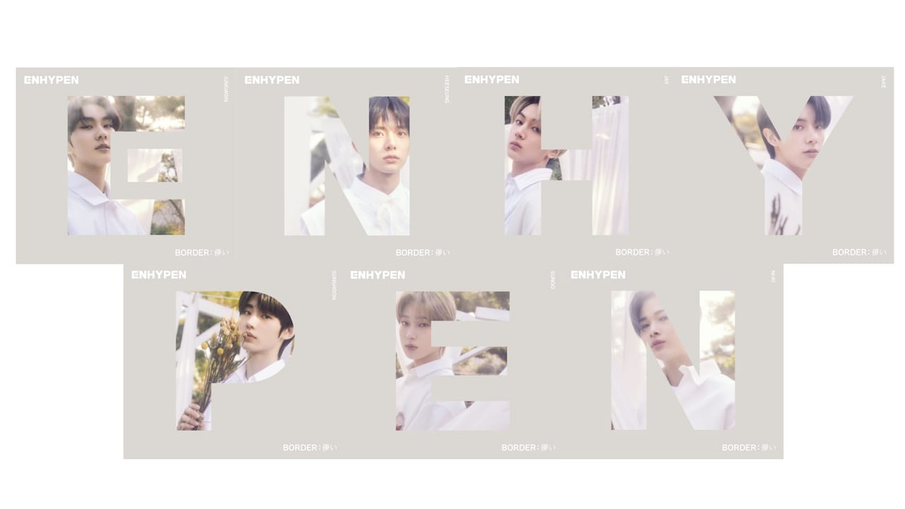 ENHYPEN「BORDER : 儚い」ソロジャケット。上段左からJUNGWON Ver.、HEESEUNG Ver.、JAY Ver.、JAKE Ver.、SUNGHOON Ver.、SUNOO Ver.、NI-KI Ver.。