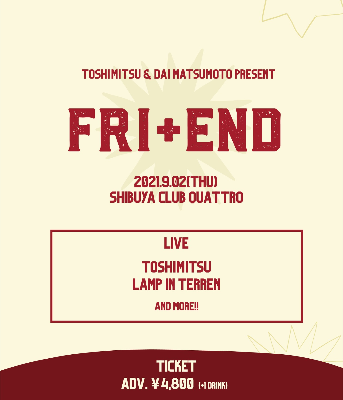 「TOSHIMITSU & Dai Matsumoto present『FRI+END』」フライヤー