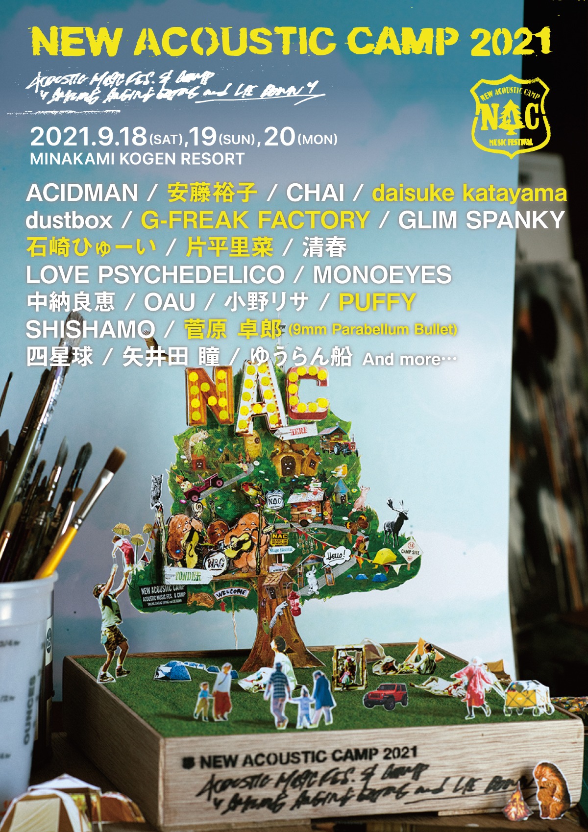 「New Acoustic Camp 2021 ～わらう、うたう、たべる、ねっころがる。～」出演者第2弾の告知ビジュアル。