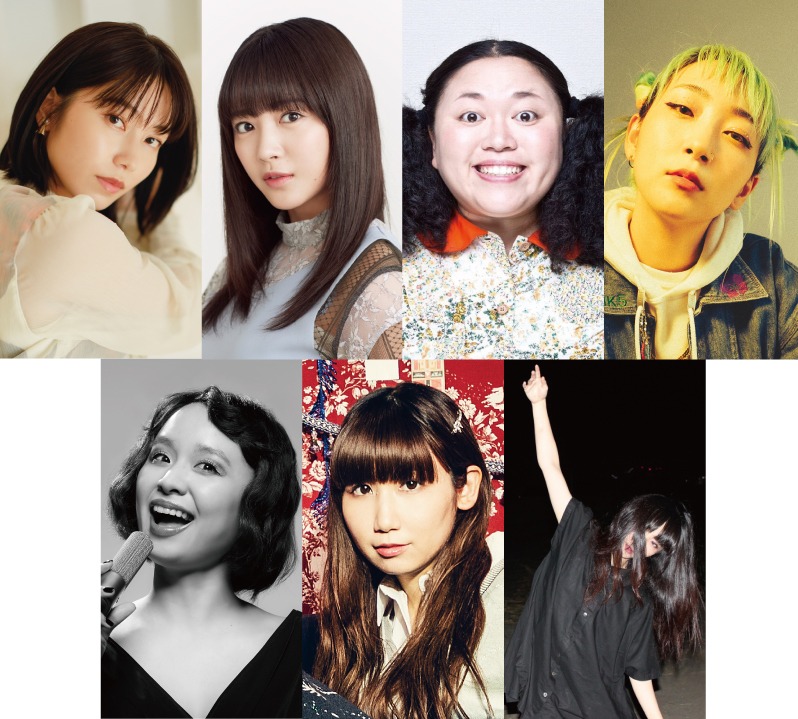上段左から横山由依（AKB48）、中山莉子（私立恵比寿中学）、江上敬子（ニッチェ）、あっこゴリラ、下段左からもも（チャラン・ポ・ランタン）、根本宗子、riko。