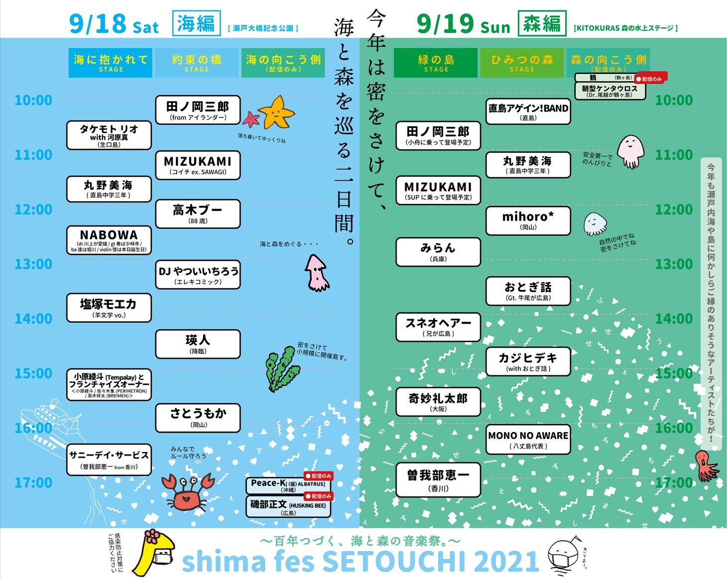 「shima fes SETOUCHI 2021 ～百年つづく、海と森の音楽祭。～」タイムテーブル