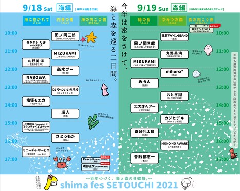 「shima fes SETOUCHI 2021 ~百年つづく、海と森の音楽祭。~」タイムテーブル