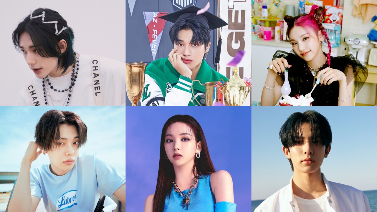 左上から時計回りにヒョンジン（Stray Kids）、ウヨン（ATEEZ）、イェジ（ITZY）、ヒスン（ENHYPEN）、カリナ（aespa）、ヨンジュン（TOMORROW X TOGETHER）。