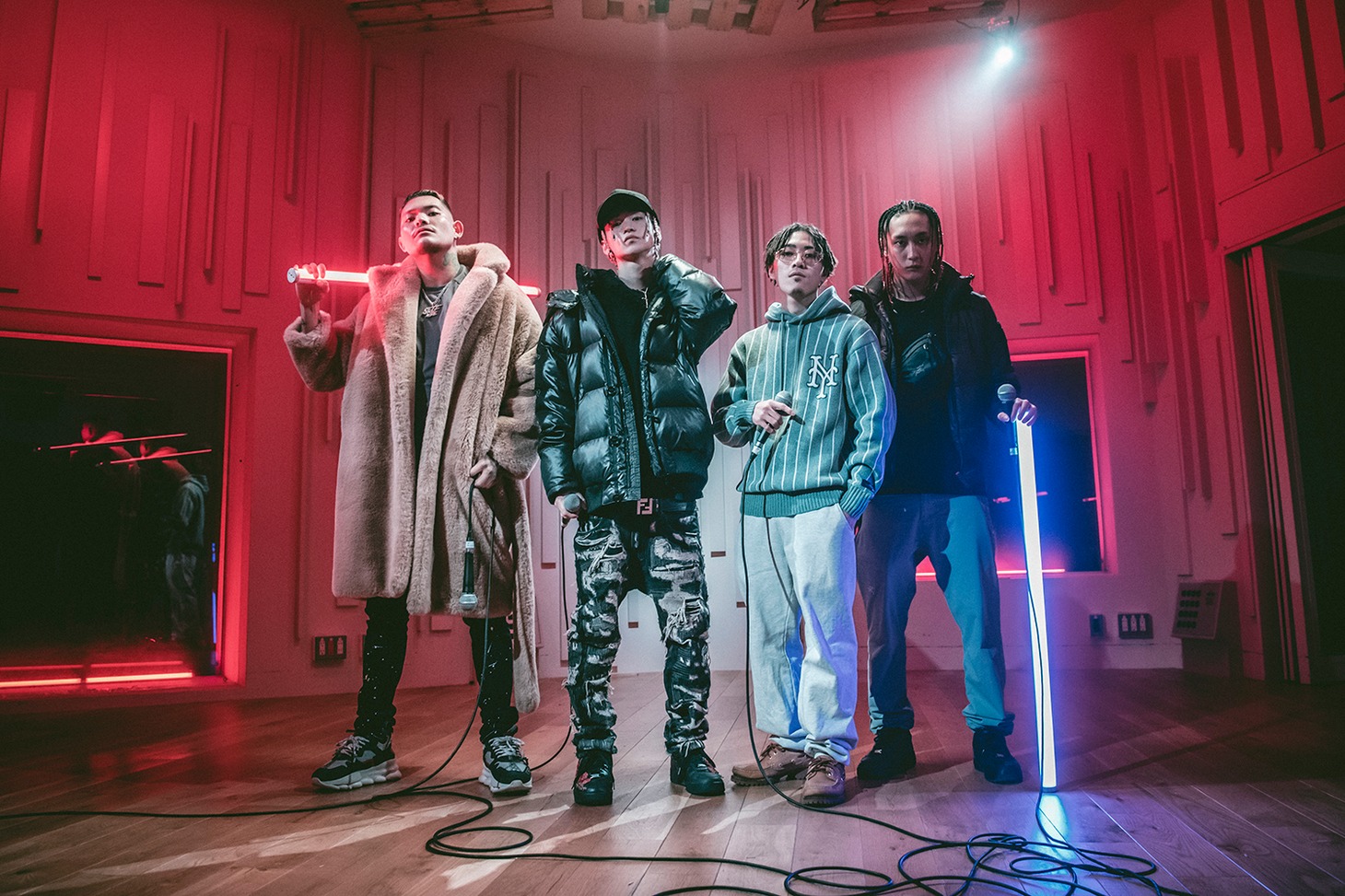 Red Bull「RASEN」第14弾参加ラッパー。左からSATORU、Yvng Patra（クロスジヒトリ）、Kaleido（Sound's Deli）、Tade Dust（夜猫族）。