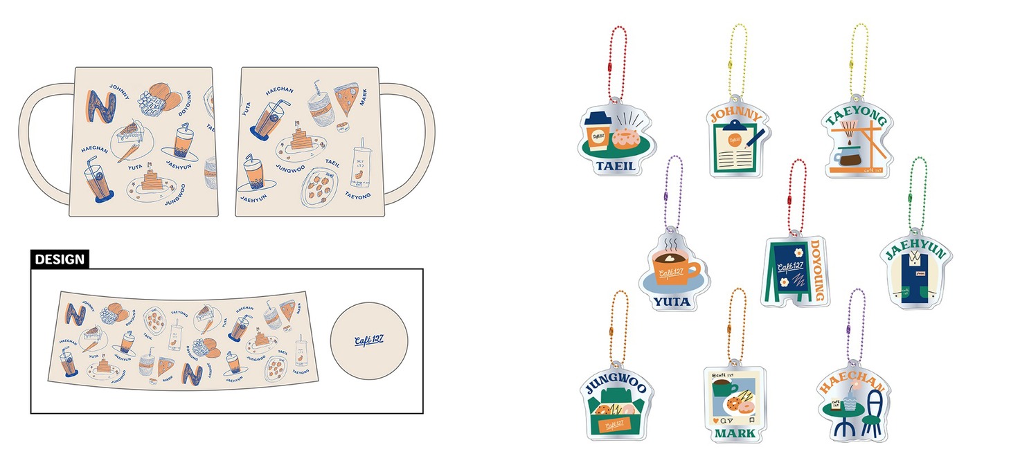 「NCTzen 127-JAPAN presents "Cafe 127"」オリジナルグッズのサンプル画像。左からマグカップ、アクリルキーホルダー。