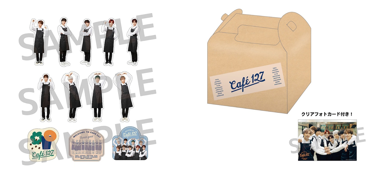 「NCTzen 127-JAPAN presents "Cafe 127"」オリジナルグッズのサンプル画像。左からフレークシール、クリアフォトカード付きのキャラメル。