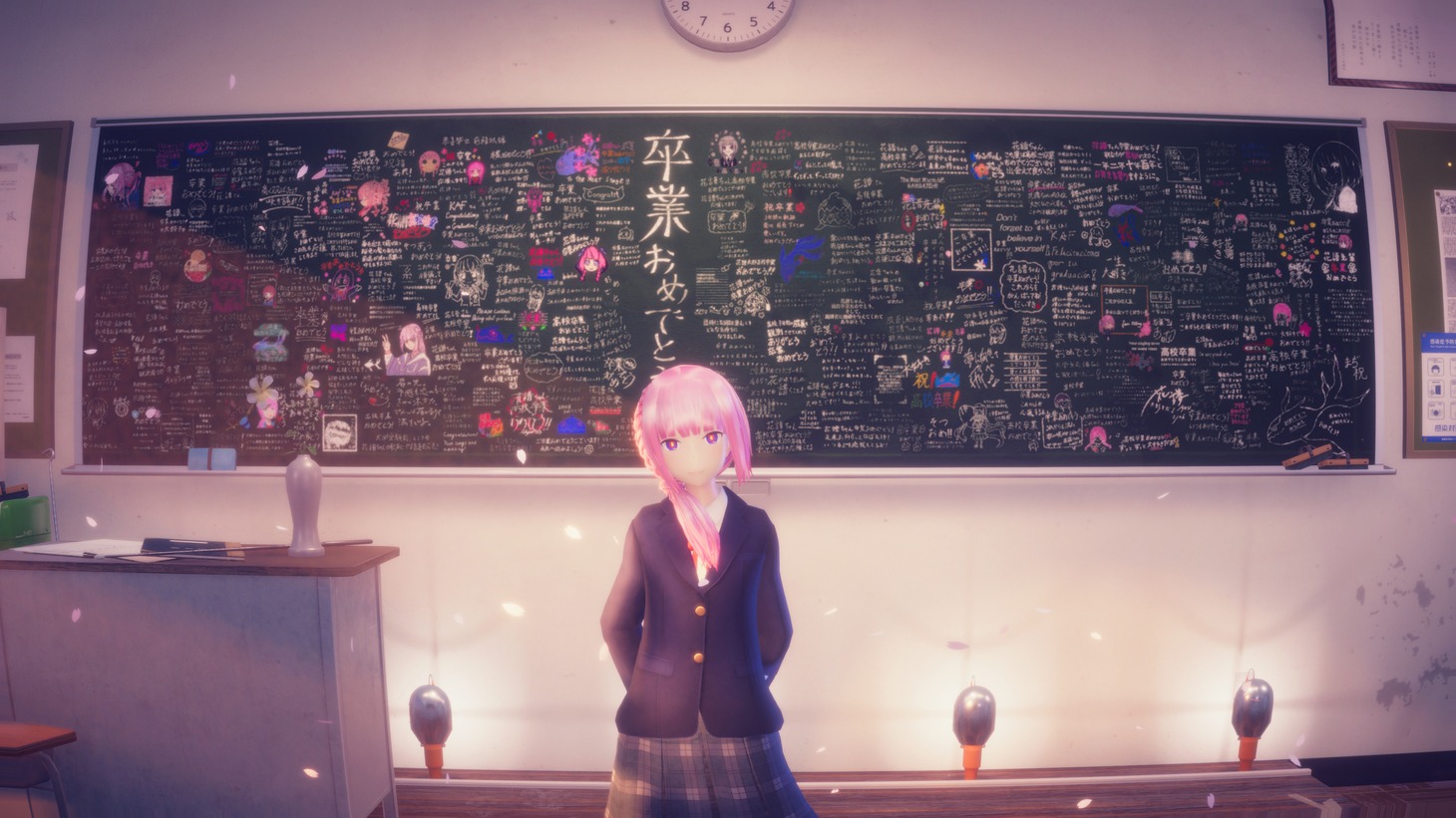 ファンの寄せ書きをバックに記念撮影する花譜。