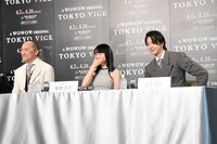 左から渡辺謙、菊地凛子、山下智久。